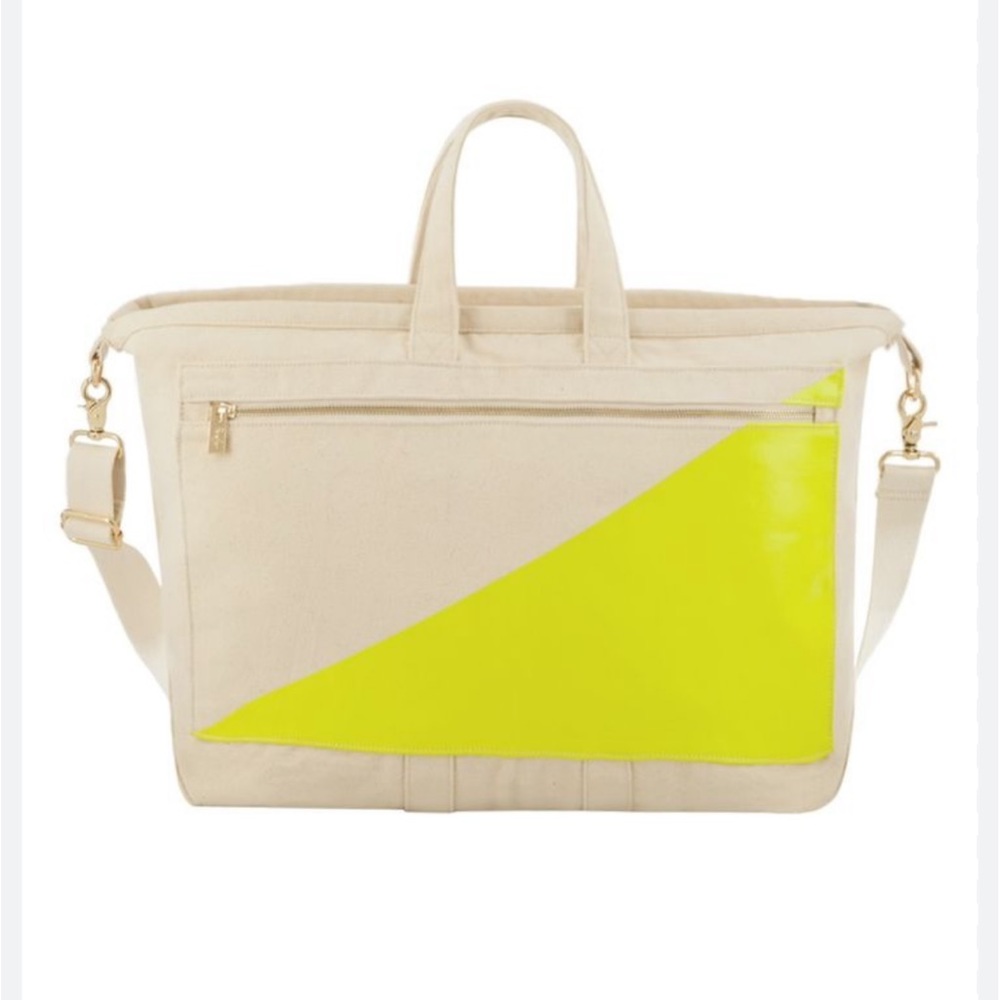 Persifor Mecox Canvas Tote Resort Bag Neon Lime Green Colorblock